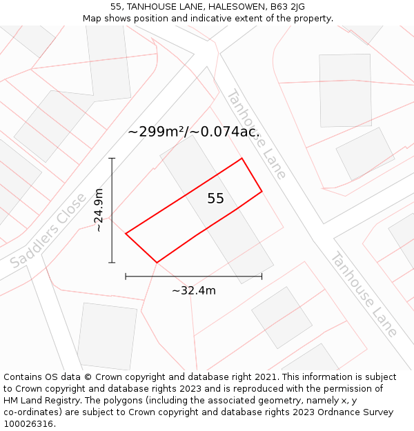 55, TANHOUSE LANE, HALESOWEN, B63 2JG: Plot and title map