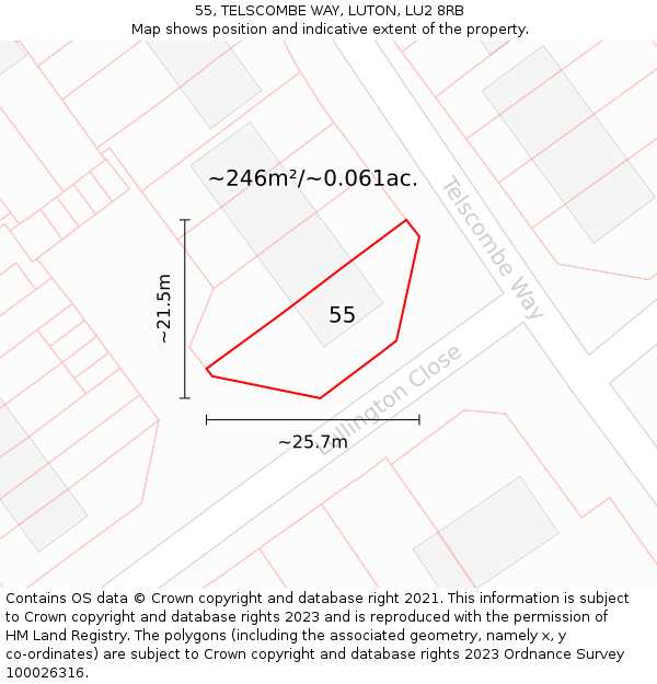 55, TELSCOMBE WAY, LUTON, LU2 8RB: Plot and title map