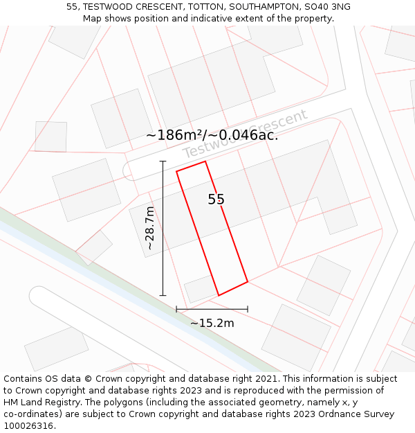 55, TESTWOOD CRESCENT, TOTTON, SOUTHAMPTON, SO40 3NG: Plot and title map