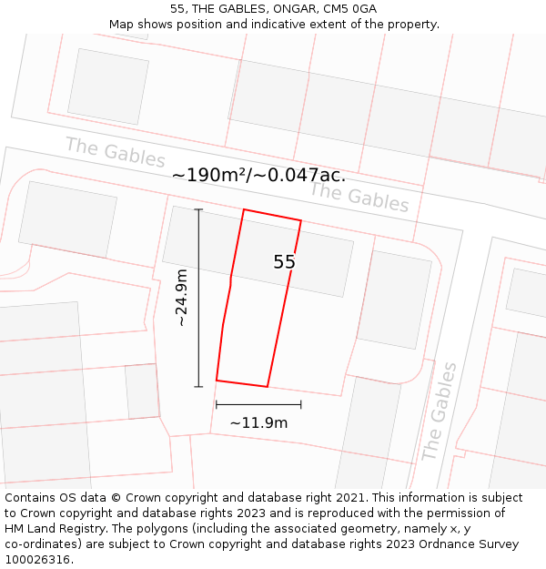 55, THE GABLES, ONGAR, CM5 0GA: Plot and title map