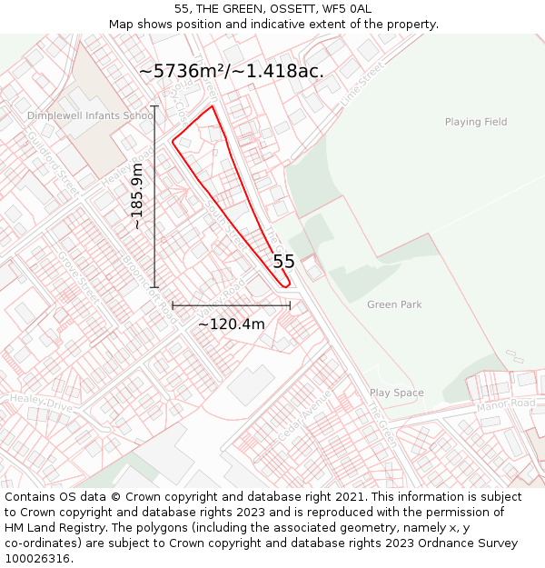 55, THE GREEN, OSSETT, WF5 0AL: Plot and title map