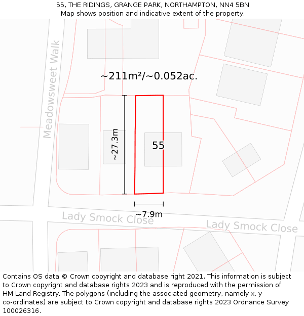 55, THE RIDINGS, GRANGE PARK, NORTHAMPTON, NN4 5BN: Plot and title map