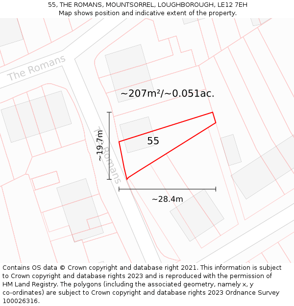 55, THE ROMANS, MOUNTSORREL, LOUGHBOROUGH, LE12 7EH: Plot and title map