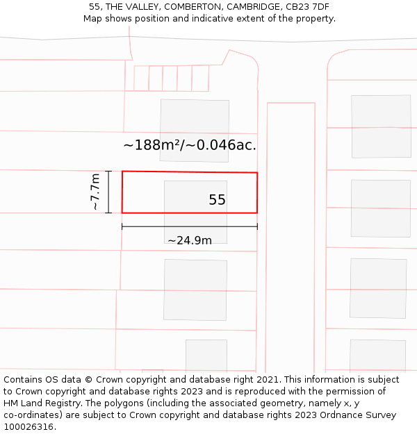 55, THE VALLEY, COMBERTON, CAMBRIDGE, CB23 7DF: Plot and title map
