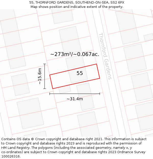 55, THORNFORD GARDENS, SOUTHEND-ON-SEA, SS2 6PX: Plot and title map