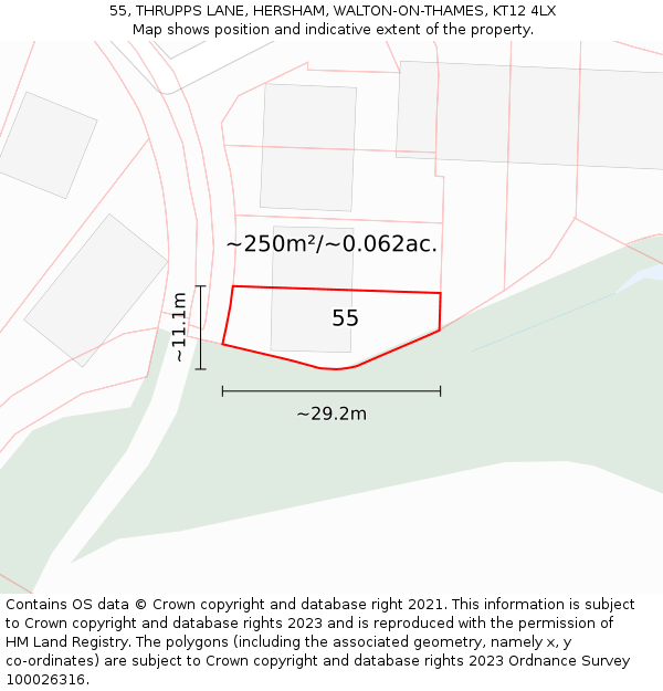 55, THRUPPS LANE, HERSHAM, WALTON-ON-THAMES, KT12 4LX: Plot and title map