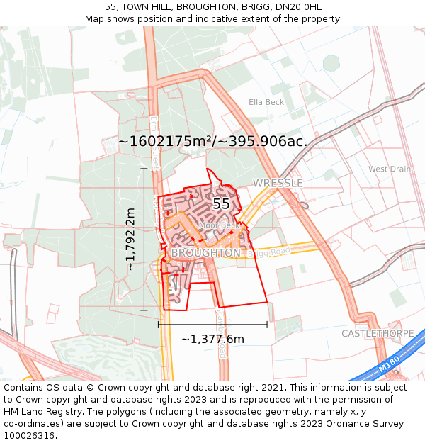 55, TOWN HILL, BROUGHTON, BRIGG, DN20 0HL: Plot and title map