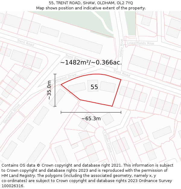 55, TRENT ROAD, SHAW, OLDHAM, OL2 7YQ: Plot and title map