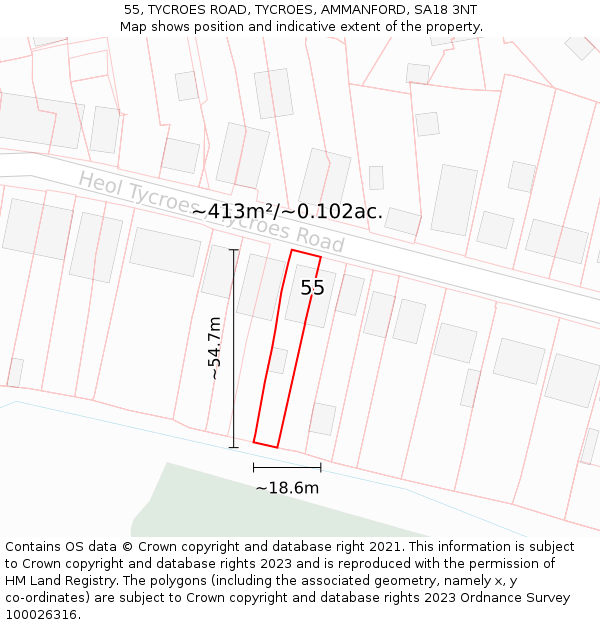 55, TYCROES ROAD, TYCROES, AMMANFORD, SA18 3NT: Plot and title map