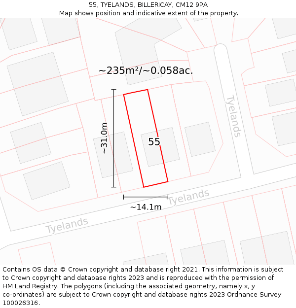 55, TYELANDS, BILLERICAY, CM12 9PA: Plot and title map