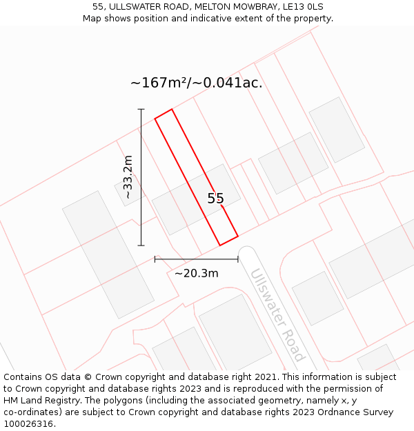 55, ULLSWATER ROAD, MELTON MOWBRAY, LE13 0LS: Plot and title map