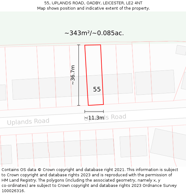 55, UPLANDS ROAD, OADBY, LEICESTER, LE2 4NT: Plot and title map