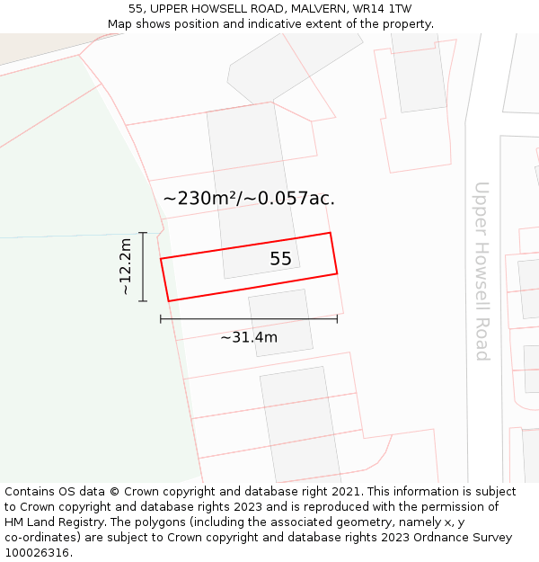 55, UPPER HOWSELL ROAD, MALVERN, WR14 1TW: Plot and title map