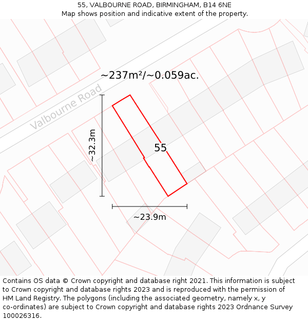 55, VALBOURNE ROAD, BIRMINGHAM, B14 6NE: Plot and title map