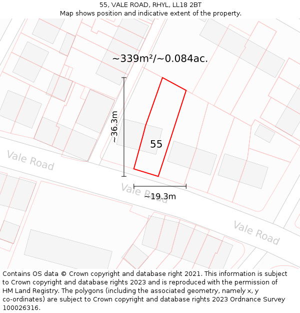 55, VALE ROAD, RHYL, LL18 2BT: Plot and title map