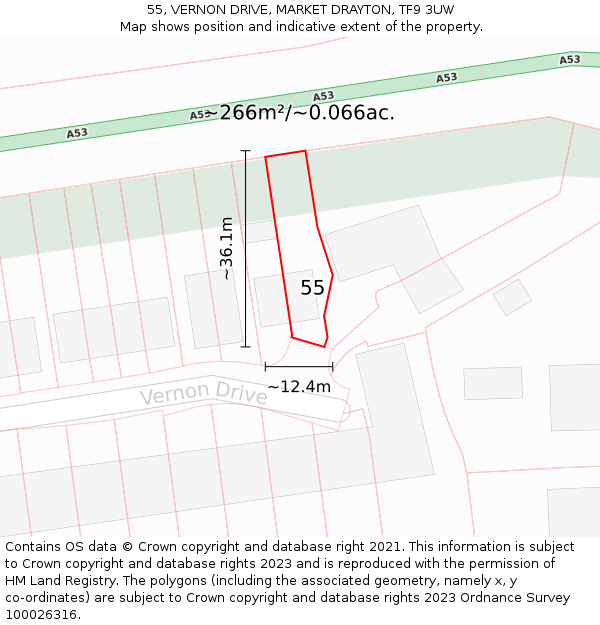 55, VERNON DRIVE, MARKET DRAYTON, TF9 3UW: Plot and title map