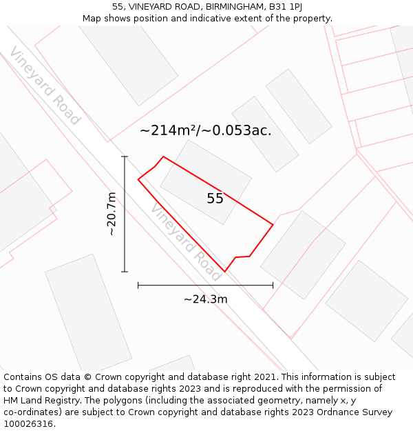 55, VINEYARD ROAD, BIRMINGHAM, B31 1PJ: Plot and title map