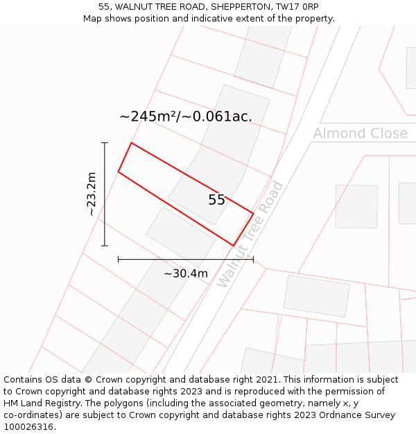 55, WALNUT TREE ROAD, SHEPPERTON, TW17 0RP: Plot and title map