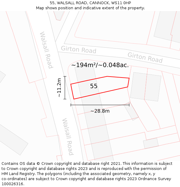 55, WALSALL ROAD, CANNOCK, WS11 0HP: Plot and title map