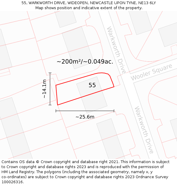 55, WARKWORTH DRIVE, WIDEOPEN, NEWCASTLE UPON TYNE, NE13 6LY: Plot and title map