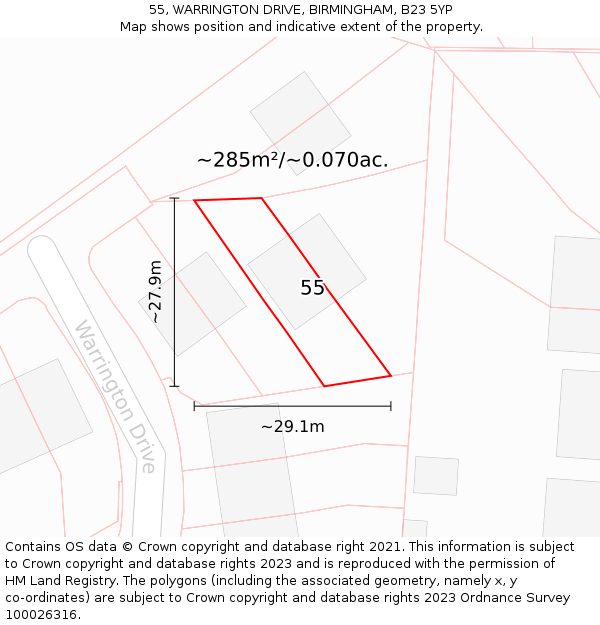 55, WARRINGTON DRIVE, BIRMINGHAM, B23 5YP: Plot and title map