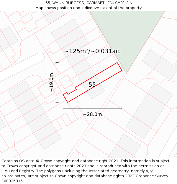 55, WAUN BURGESS, CARMARTHEN, SA31 3JN: Plot and title map