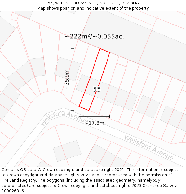 55, WELLSFORD AVENUE, SOLIHULL, B92 8HA: Plot and title map