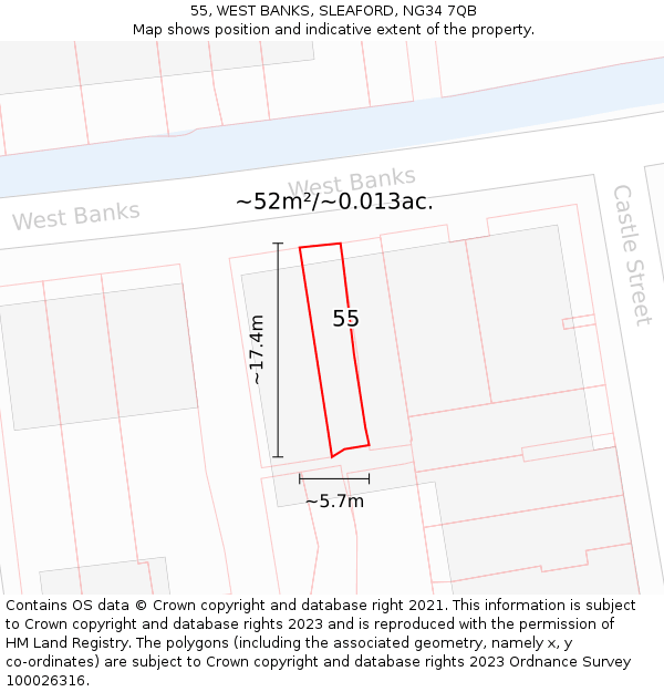 55, WEST BANKS, SLEAFORD, NG34 7QB: Plot and title map