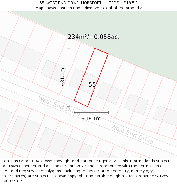 55, WEST END DRIVE, HORSFORTH, LEEDS, LS18 5JR: Plot and title map