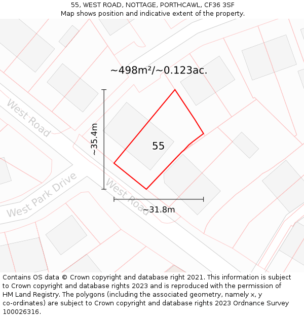 55, WEST ROAD, NOTTAGE, PORTHCAWL, CF36 3SF: Plot and title map