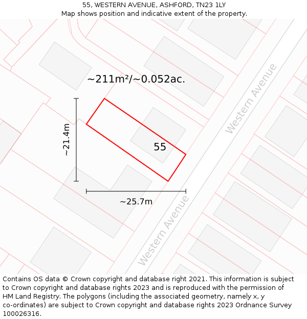 55, WESTERN AVENUE, ASHFORD, TN23 1LY: Plot and title map