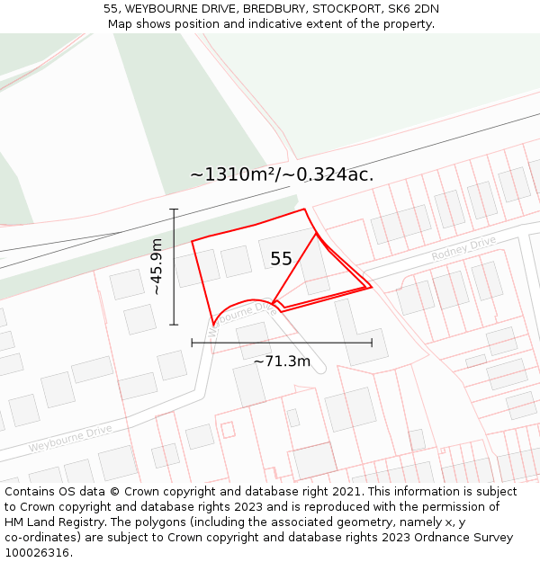 55, WEYBOURNE DRIVE, BREDBURY, STOCKPORT, SK6 2DN: Plot and title map