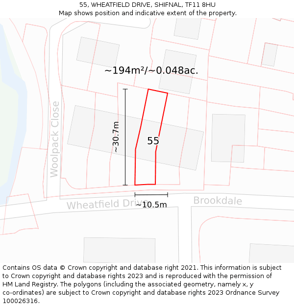 55, WHEATFIELD DRIVE, SHIFNAL, TF11 8HU: Plot and title map