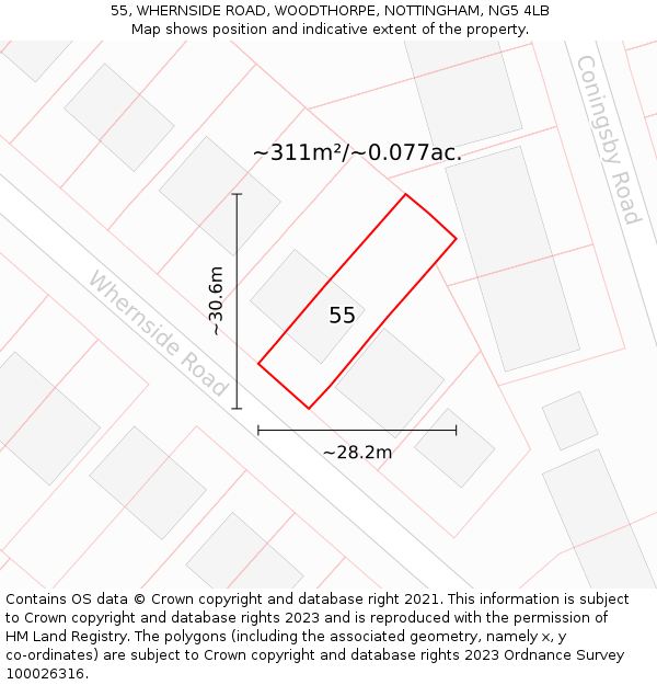 55, WHERNSIDE ROAD, WOODTHORPE, NOTTINGHAM, NG5 4LB: Plot and title map