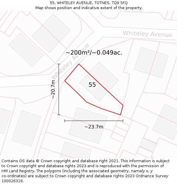 55, WHITELEY AVENUE, TOTNES, TQ9 5FQ: Plot and title map