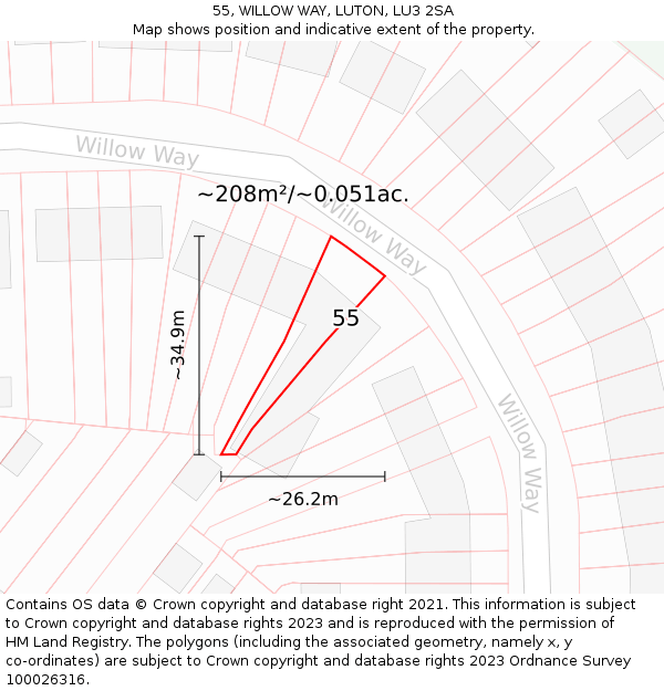 55, WILLOW WAY, LUTON, LU3 2SA: Plot and title map