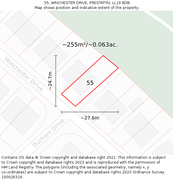 55, WINCHESTER DRIVE, PRESTATYN, LL19 8DB: Plot and title map