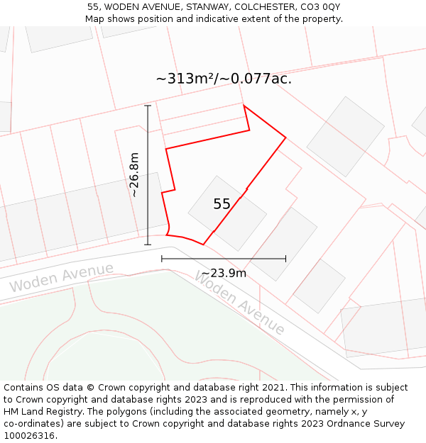 55, WODEN AVENUE, STANWAY, COLCHESTER, CO3 0QY: Plot and title map