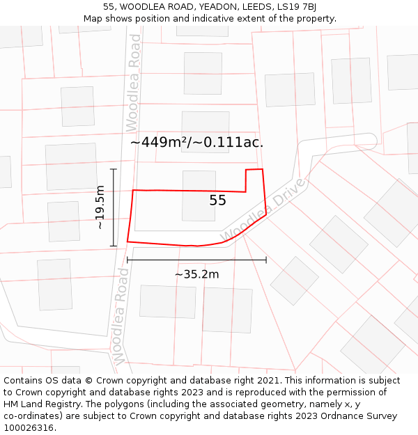 55, WOODLEA ROAD, YEADON, LEEDS, LS19 7BJ: Plot and title map