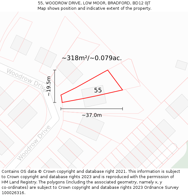 55, WOODROW DRIVE, LOW MOOR, BRADFORD, BD12 0JT: Plot and title map