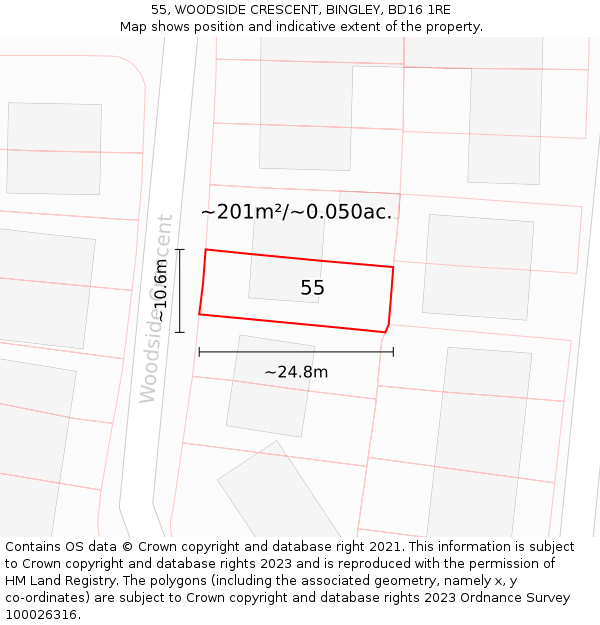 55, WOODSIDE CRESCENT, BINGLEY, BD16 1RE: Plot and title map