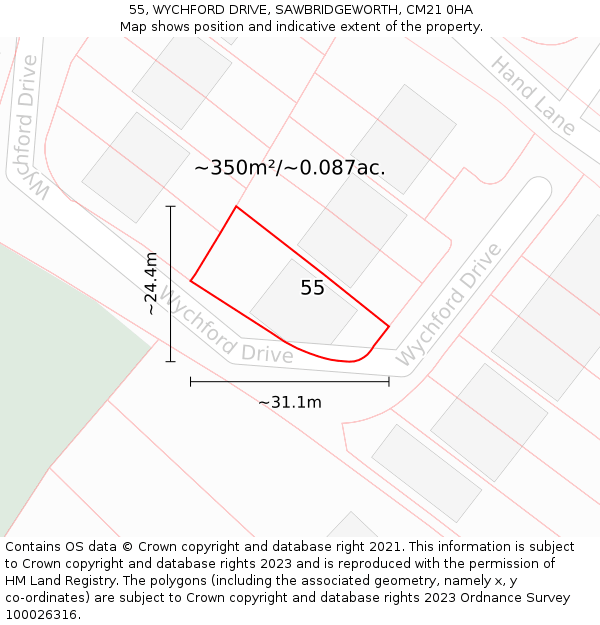 55, WYCHFORD DRIVE, SAWBRIDGEWORTH, CM21 0HA: Plot and title map