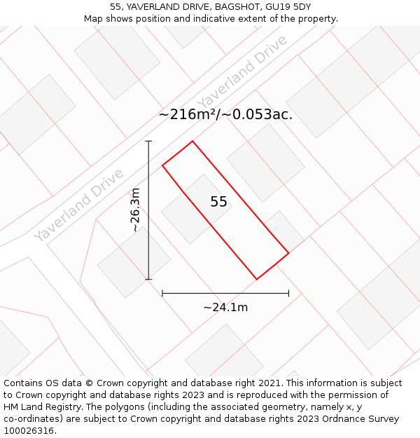 55, YAVERLAND DRIVE, BAGSHOT, GU19 5DY: Plot and title map