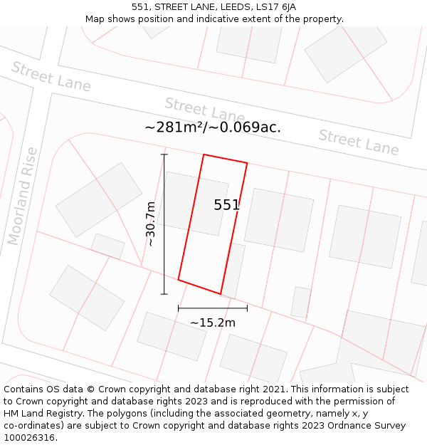 551, STREET LANE, LEEDS, LS17 6JA: Plot and title map