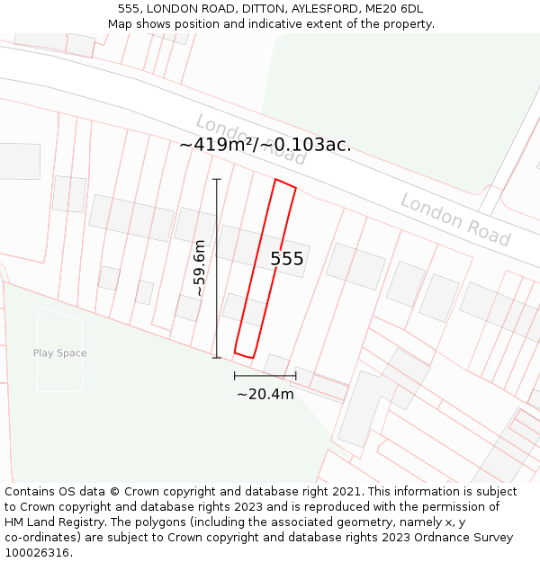 555, LONDON ROAD, DITTON, AYLESFORD, ME20 6DL: Plot and title map