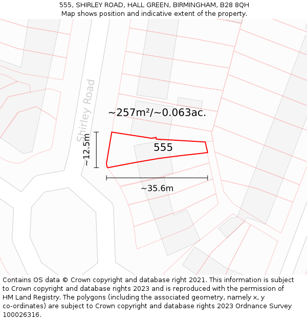 555, SHIRLEY ROAD, HALL GREEN, BIRMINGHAM, B28 8QH: Plot and title map