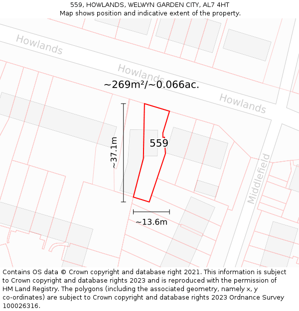 559, HOWLANDS, WELWYN GARDEN CITY, AL7 4HT: Plot and title map
