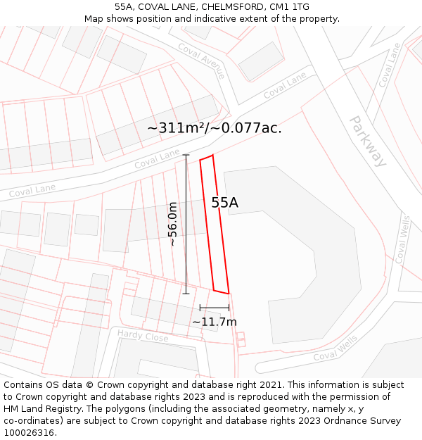 55A, COVAL LANE, CHELMSFORD, CM1 1TG: Plot and title map