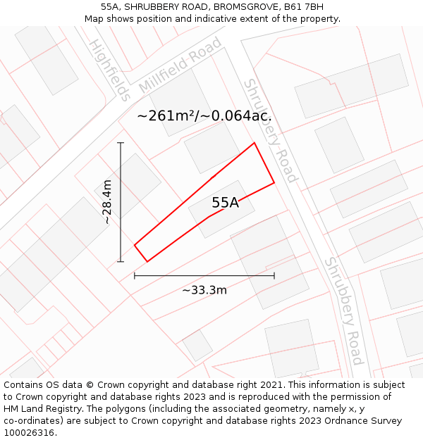 55A, SHRUBBERY ROAD, BROMSGROVE, B61 7BH: Plot and title map