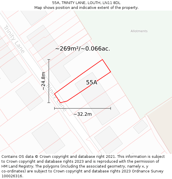 55A, TRINITY LANE, LOUTH, LN11 8DL: Plot and title map